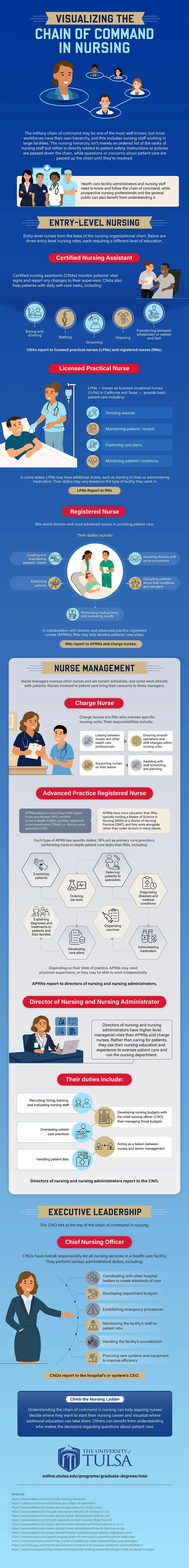 Infographic outlining the chain of command in nursing. 