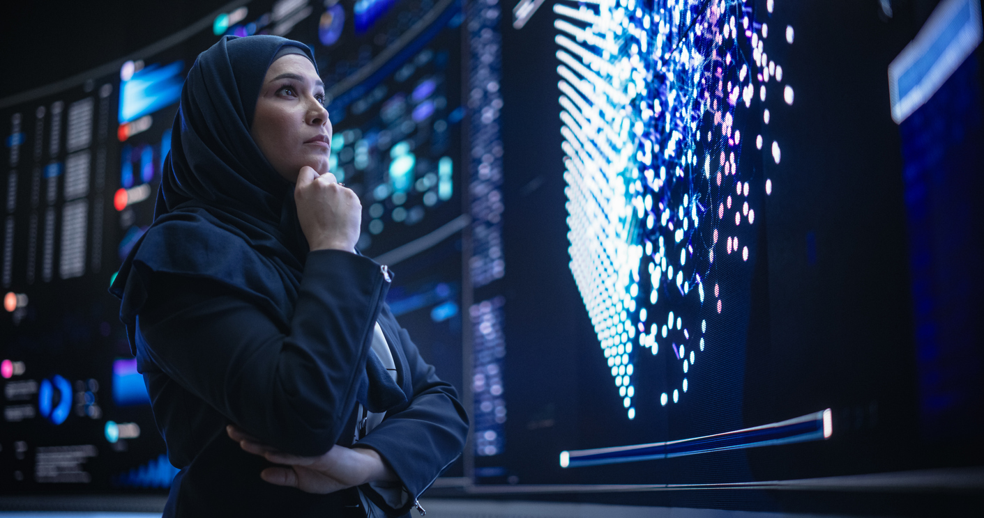 Blockchain security professional looking at data.