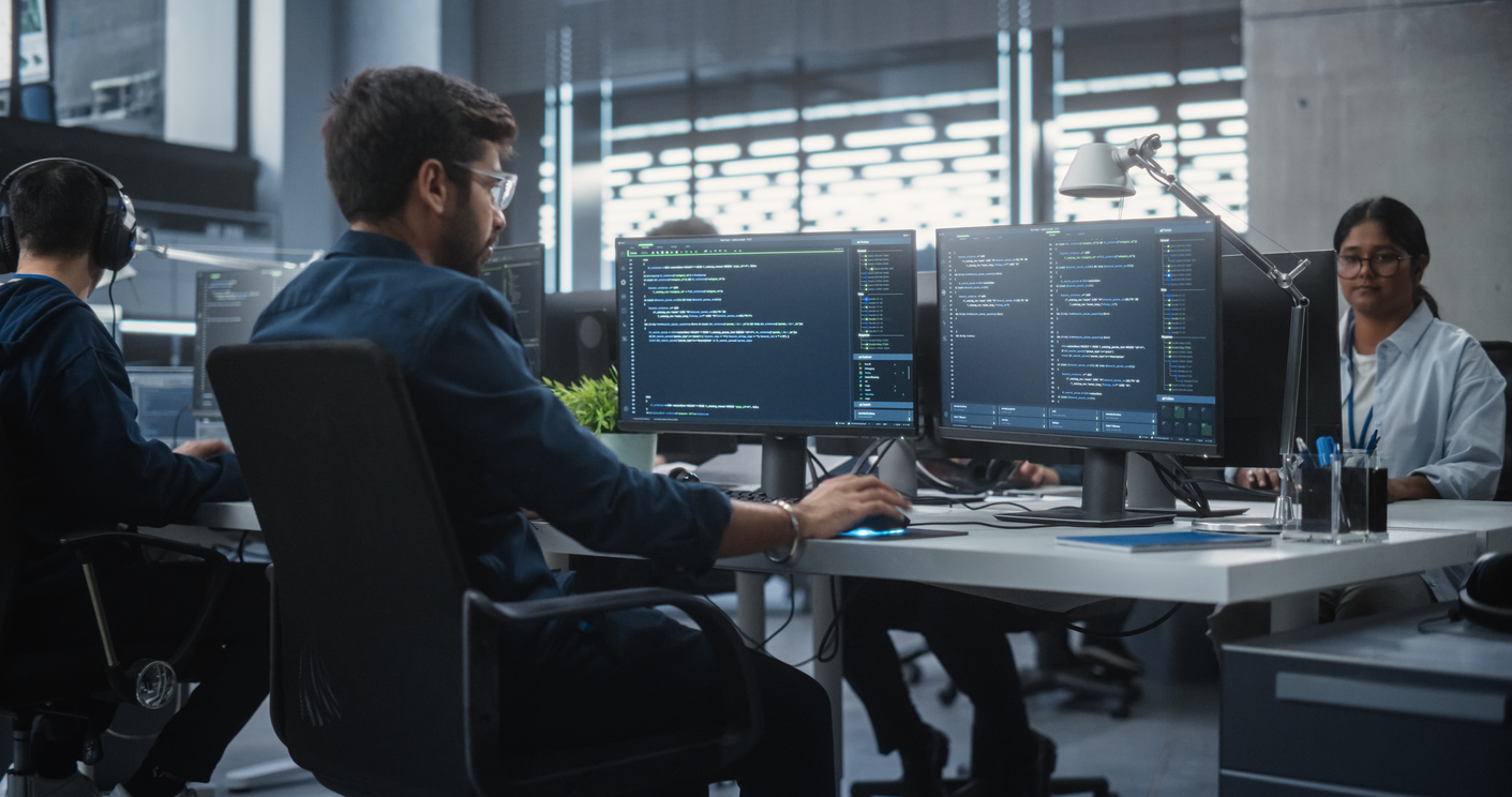 A team of cybersecurity professionals review code on monitors.